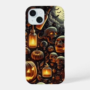 Spookachtige Halloween schedels, vleermuizen, bome iPhone 15 Hoesje