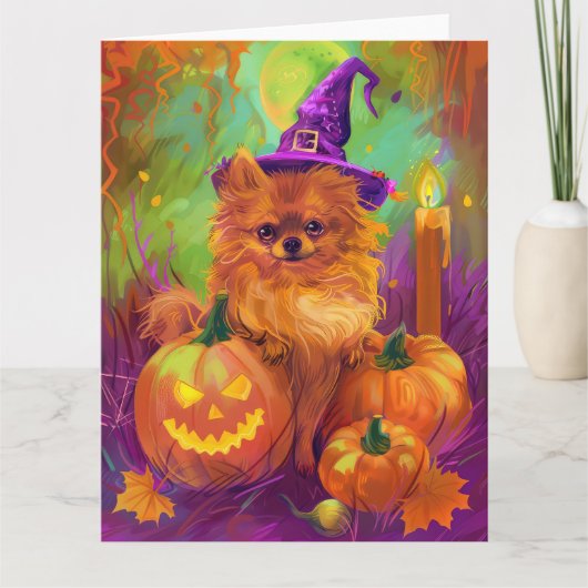 Spookachtige Pommerse hond Halloween heks en pompo Kaart (Voorkant)
