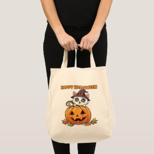 Spookachtige Schattigee Chibi Cat en pompoen Hallo Tote Bag