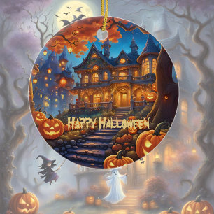 Spookachtige villa in het bos, pompoenen, Hallowee Keramisch Ornament