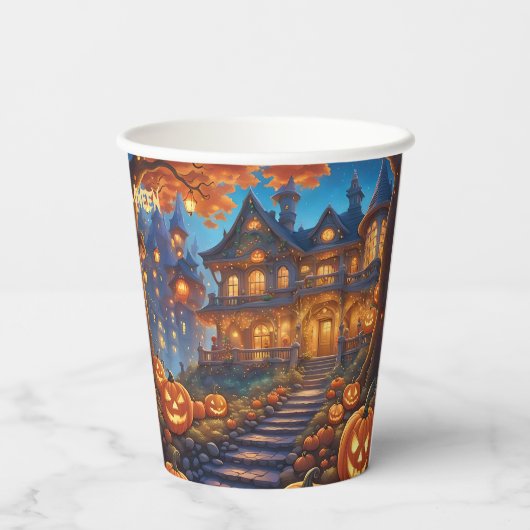 Spookachtige villa in het bos, pompoenen, Hallowee Papieren Bekers
