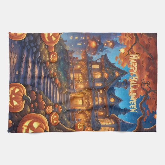 Spookachtige villa in het bos, pompoenen, Hallowee Theedoek (Horizontaal)