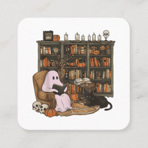 Spookboeklezende kattenliefhebber Halloween Vierkante Visitekaartje