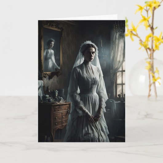 Spookbruid en spiegel Halloween Kaart (Gele Bloem)