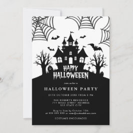 Spookhuis enge zwart-wit Halloween Party Kaart