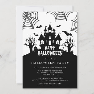 Spookhuis enge zwart-wit Halloween Party Kaart