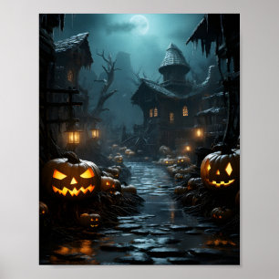 spookhuis met bomen en pomkins rond eng poster