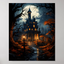 Spookhuis met bomen rond Halloween nacht Poster