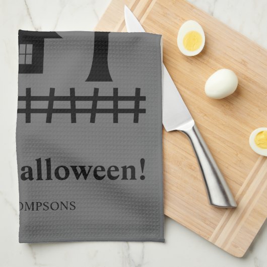 Spookhuis silhouet en aangepaste tekst Halloween Theedoek (Quarter Fold)