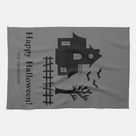 Spookhuis silhouet en aangepaste tekst Halloween Theedoek (Horizontaal)