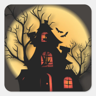 spookhuis silhouet   Halloween Vierkante Sticker