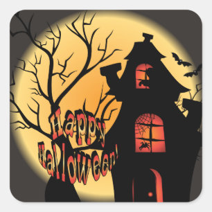 spookhuis silhouet   Happy Halloween Vierkante Sticker