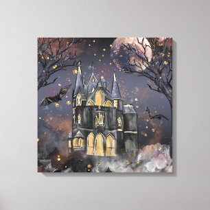 spookhuis   Spooky Volle Maan Boom en Bats Canvas Afdruk