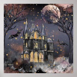 spookhuis   Spooky Volle Maan Boom en Bats Poster