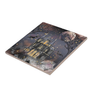 spookhuis Spooky Volle Maan Boom en Bats Tegeltje