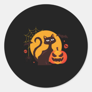 Spookige zwarte kat haloeen tussen pompoenen ronde sticker