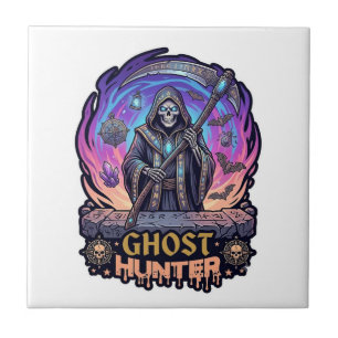 Spookjager Grim Reaper Skelet Zeis Paarse Vlam Tegeltje