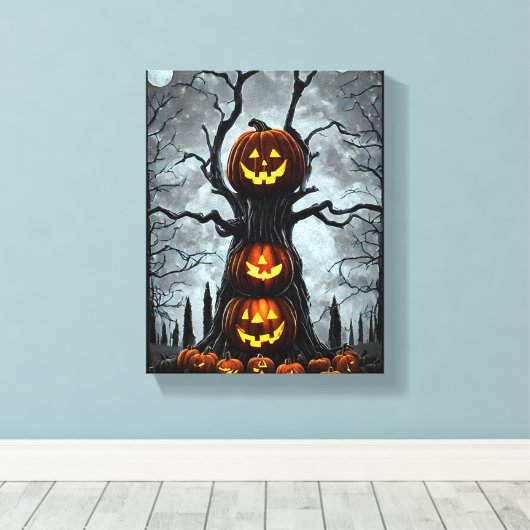 spookjas lantern pomkin tree fantasy Dark art Canvas Afdruk (Insitu (Houten vloer))