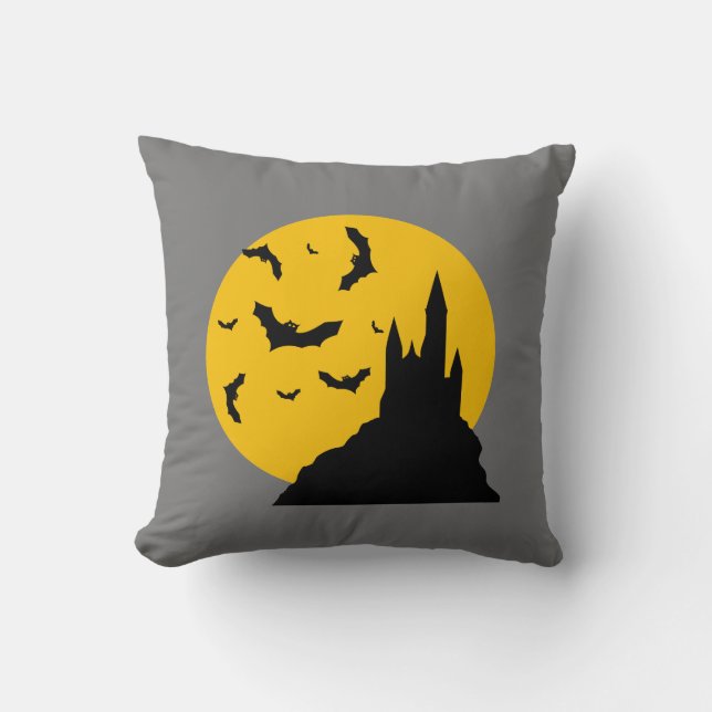 Spookkasteel met maan en vleermuizen grijs kussen (Voorkant)