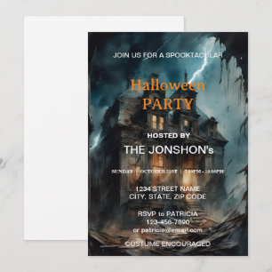 Spooktaculaire Dark Haunted House Halloween Party Kaart