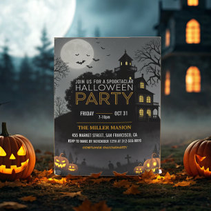 Spooktaculaire Dark Haunted House Halloween Party Kaart