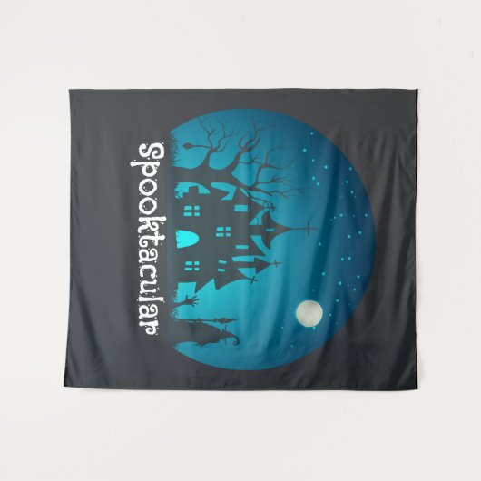 Spooktacular Blue and Black Haunted House Wandkleed (Voorkant (horizontaal))