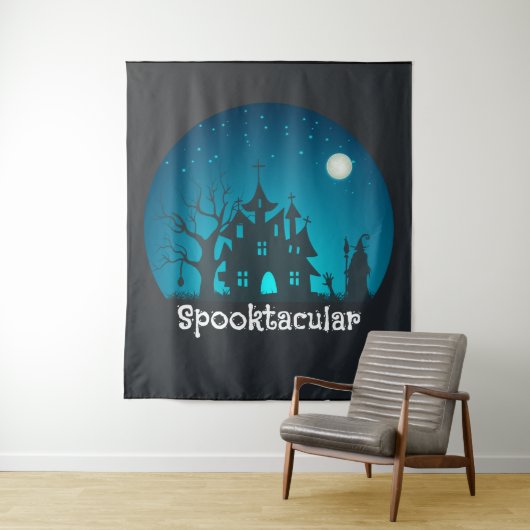 Spooktacular Blue and Black Haunted House Wandkleed (In situ)
