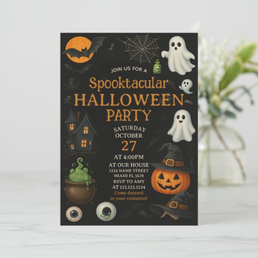 Spooktacular Kostuum Bash Halloween Uitnodiging (Staand voorkant)