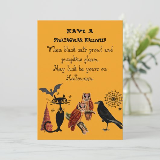 Spooktastisch Halloween Gedicht Zwarte Kat Uilen R Feestdagenkaart (Staand voorkant)