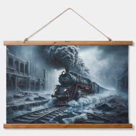 Spooktrein door een verlaten stad hangend wandkleed