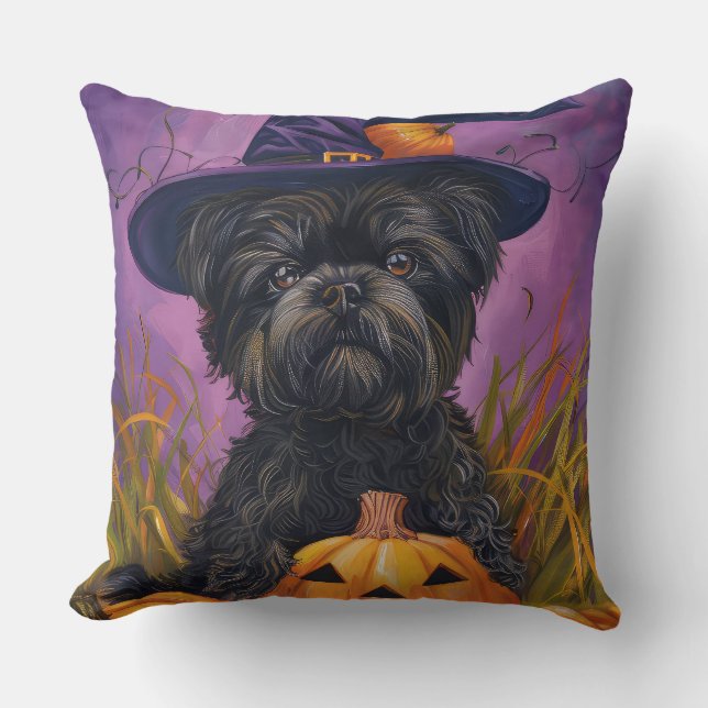 Spooky Affenpinscher Halloween Heks en Pompoen Kussen (Voorkant)
