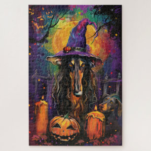Spooky Afghaanse hond Halloween heks en pompoen Legpuzzel