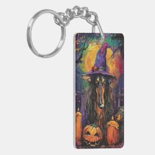 Spooky Afghaanse hond Halloween heks en pompoen Sleutelhanger