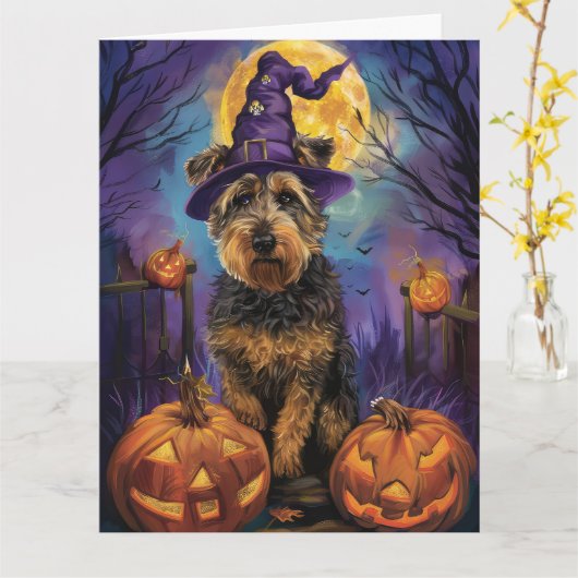 Spooky Airedale Halloween Witch and Pumpkin Kaart (Gele Bloem)