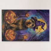 Spooky Airedale Halloween Witch and Pumpkin Legpuzzel (Horizontaal)