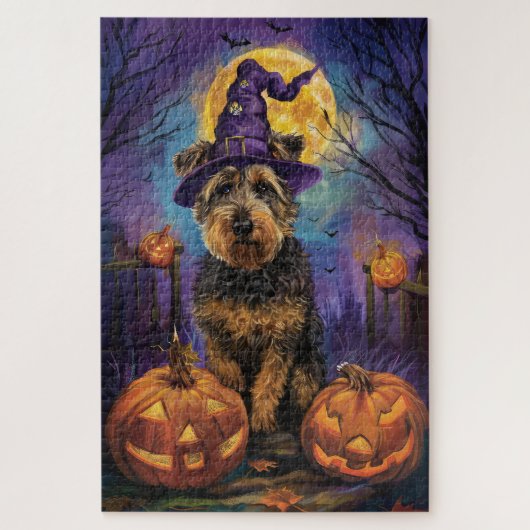 Spooky Airedale Halloween Witch and Pumpkin Legpuzzel (Verticaal)