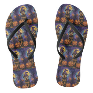 Spooky Airedale Halloween Witch and Pumpkin Teenslippers
