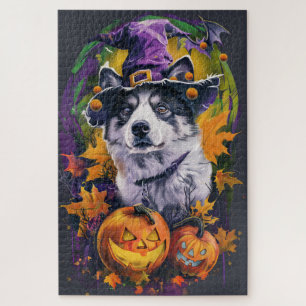 Spooky Akita Halloween Witch & Pumpkin Legpuzzel