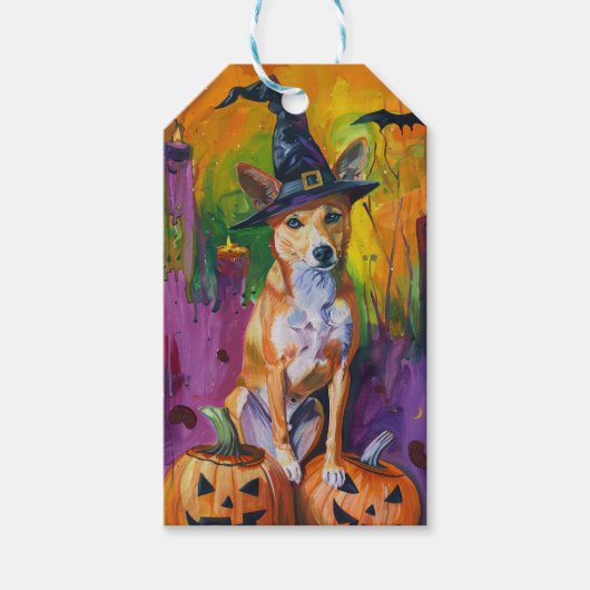 Spooky Basenji Halloween heks en pompoen Cadeaulabel (Voorkant)