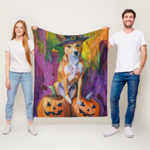 Spooky Basenji Halloween heks en pompoen Fleece Deken