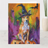 Spooky Basenji Halloween heks en pompoen Kaart (Voorkant)