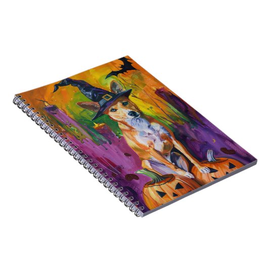 Spooky Basenji Halloween heks en pompoen Notitieboek (Rechterzijde)