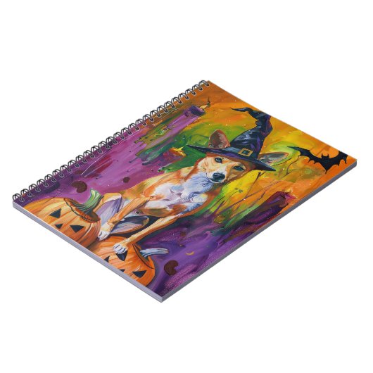 Spooky Basenji Halloween heks en pompoen Notitieboek (Linkerzijde)