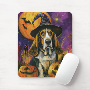 Spooky Basset Hound Halloween Witch and Pumpkin Muismat