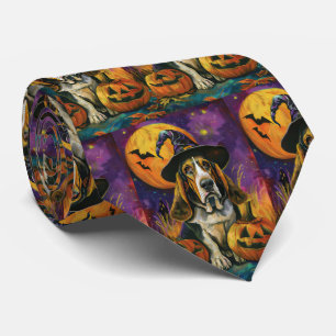 Spooky Basset Hound Halloween Witch and Pumpkin Stropdas