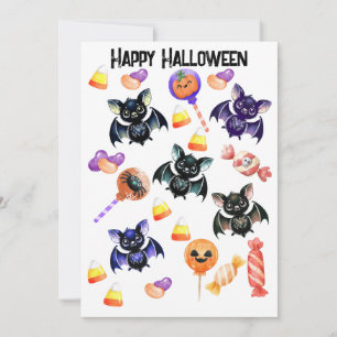 Spooky Bats Snoep, Waterverf, grillige Halloween Feestdagenkaart