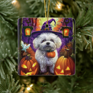 Spooky Bichon Frise Halloween heks en pompoen Keramisch Ornament