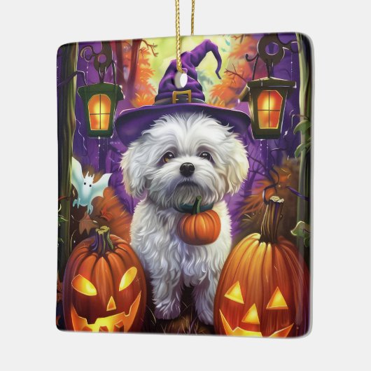 Spooky Bichon Frise Halloween heks en pompoen Keramisch Ornament (Links)