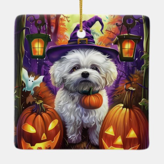 Spooky Bichon Frise Halloween heks en pompoen Keramisch Ornament (Achterkant)