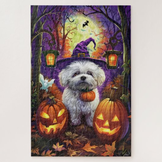 Spooky Bichon Frise Halloween heks en pompoen Legpuzzel (Verticaal)